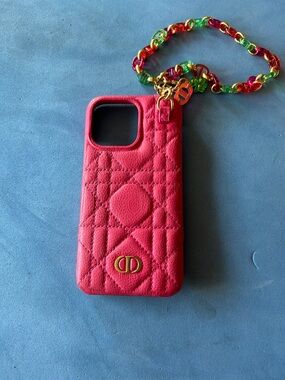 Dior Pink Quilted Leather Phone Case with Multicolor Chain wrist strap
